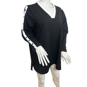 E.L.I Tunic Top XL Black White Trim  Long Sleeve V-Neck Buttons Down Arms Slits